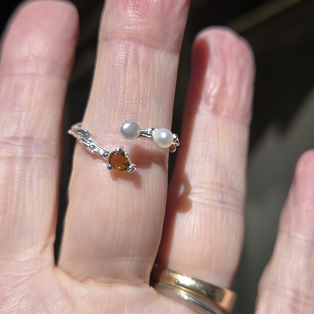 Chic Sterling Ring with Natural Pearl & Tourmaline Gemstine Accents Sz7 - Picture 6 of 8
